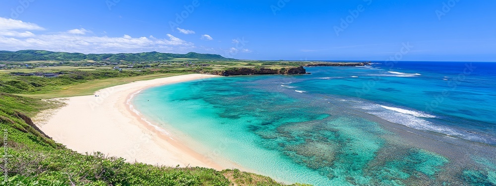 Obraz premium Panoramic view of a tropical island with turquoise clear water, white sandy beach, and vibrant coral reef under a bright sunny sky, paradise vacation concept.