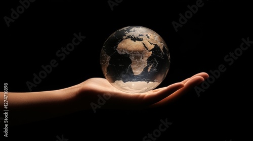 Global tech connects the world. Businesses, finance, and the Internet of Things all share data and ideas across the globe. A hand gestures and a globe floats, showing the power of technology. photo