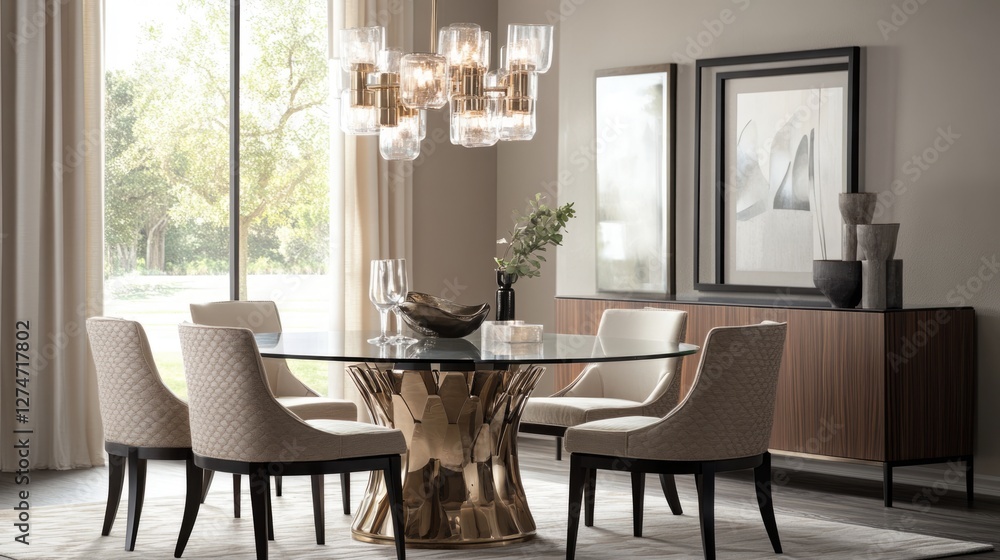 Modern Dining Room Decor: Glass Top Table, Gold Base, and Beige Chairs Modern Dining Room Decor: Glass Top Table, Gold Base, and Beige Chairs