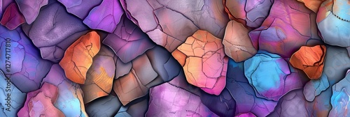 Close-up view reveals an array of natural stone rocks presenting a vibrant, colorful mix with fascinating textures and shapes photo