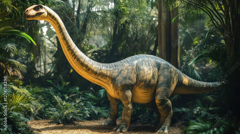 Fototapeta premium Brachiosaurus in lush forest landscape with sunlight filtering through dense foliage