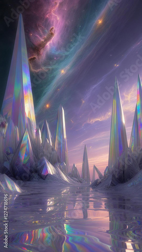 Background with Iridescent Crystal Spires Under Cosmic Nebula with Reflective Surface. phone wallpaper