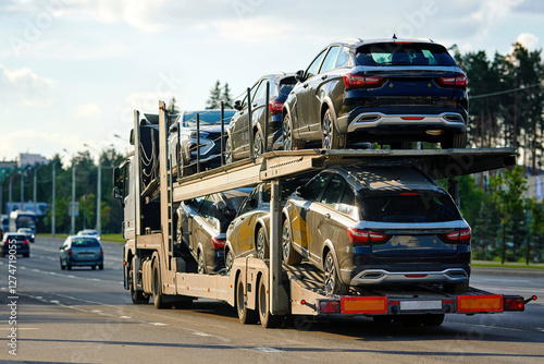 Obraz na płótnie Truck carrying new cars on hauler trailer, logistics services, freight transportation industry. Car hauler semi-truck carrying batch of new cars for sale, automotive transport and freight logistics. w salonie