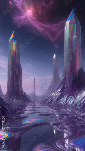 Background with Iridescent Crystal Spires Under Cosmic Nebula with Reflective Surface. phone wallpaper