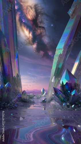 Background with Iridescent Crystal Spires Under Cosmic Nebula with Reflective Surface. phone wallpaper