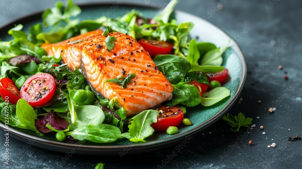 Seared salmon fillet with colorful vegetables, macro close-up highlighting the fish’s texture, a healthy meal concept for diet-friendly food and nutrition.