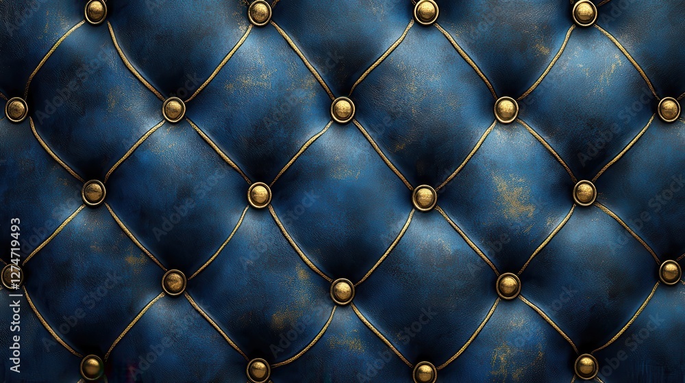 Naklejka premium Luxurious blue leather upholstery with gold buttons and diamond pattern for elegant interiors