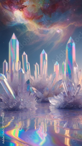 Background with Iridescent Crystal Spires Under Cosmic Nebula with Reflective Surface. phone wallpaper