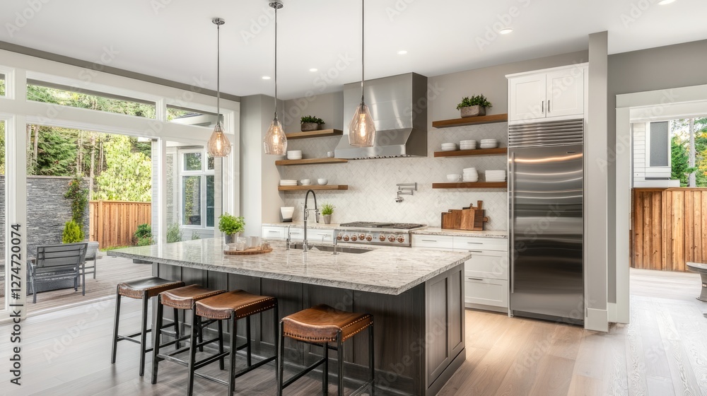 Modern Kitchen Design: Granite Island, Glass Pendant Lights, and Wooden Shelves Modern Kitchen Design: Granite Island, Glass Pendant Lights, and Wooden Shelves