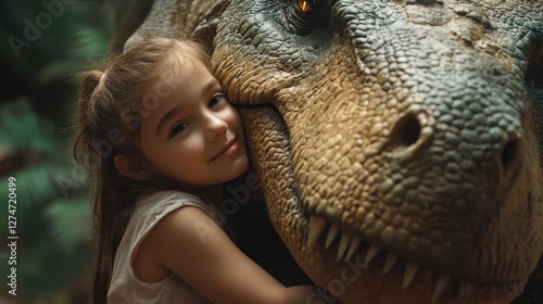Fototapeta Naklejka Na Ścianę i Meble -  Young girl hugging dinosaur, joyful interaction with reptile replica in nature setting
