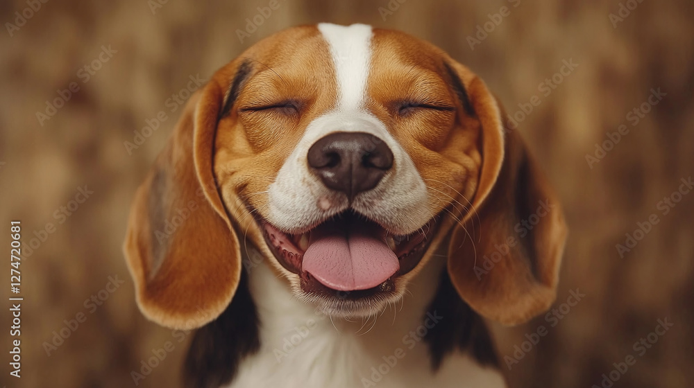 Close-up of a smiling beagle dog with eyes closed and tongue out, capturing joyful expression and adorable face. Close-up of a smiling beagle dog with eyes closed and tongue out, capturing joyful expression and adorable face.