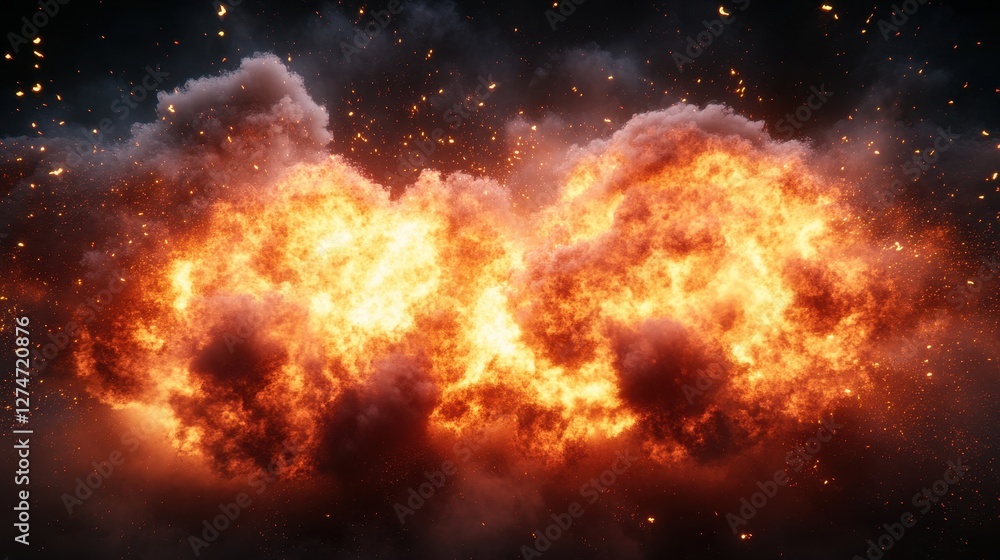 Fototapeta premium Fiery explosion with intense flames and smoke in dark night sky