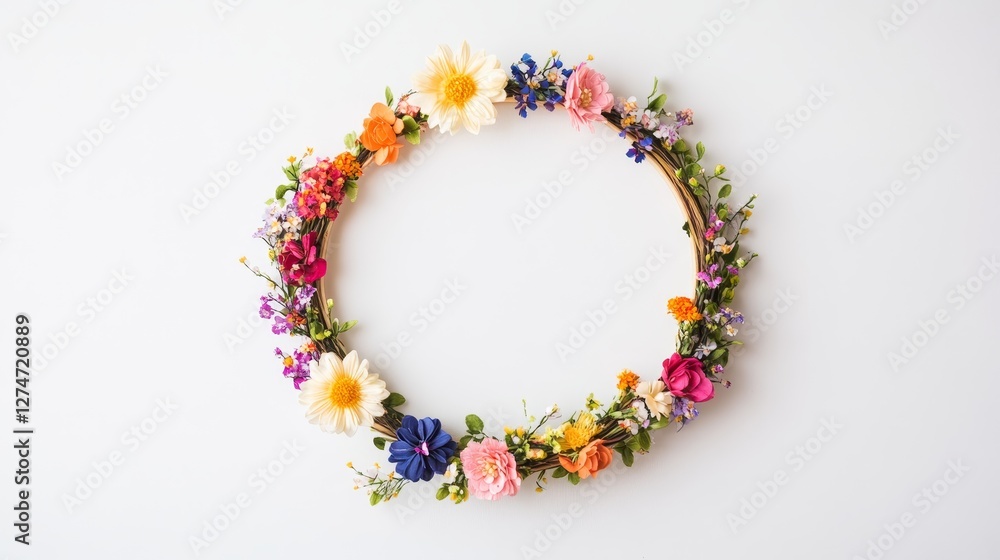Spring wreath with fresh, colorful blooms. Wooden hoop with flowers and thread adorns a white wall. Unique, handmade floral decoration. Spring wreath with fresh, colorful blooms. Wooden hoop with flowers and thread adorns a white wall. Unique, handmade floral decoration.