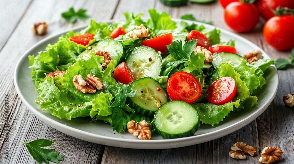 Fresh garden salad with cucumbers, cherry tomatoes, walnuts, and lettuce on wooden table Fresh garden salad with cucumbers, cherry tomatoes, walnuts, and lettuce on wooden table
