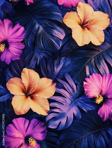 Tropical floral print with purple and yellow flowers on a blue background, suitable for fashion, event decoration or wall art.