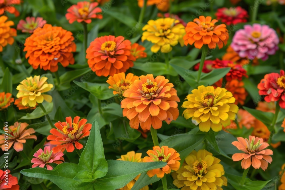Colorful garden of blooming zinnia flowers during a sunny day in a vibrant botanical park Colorful garden of blooming zinnia flowers during a sunny day in a vibrant botanical park