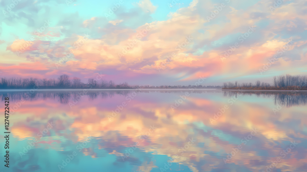Dreamlike landscape with iridescent clouds reflecting on a calm lake. serene, peaceful, and fantastical scenery. Iridescent Alien Oasis. Illustration Dreamlike landscape with iridescent clouds reflecting on a calm lake. serene, peaceful, and fantastical scenery. Iridescent Alien Oasis. Illustration