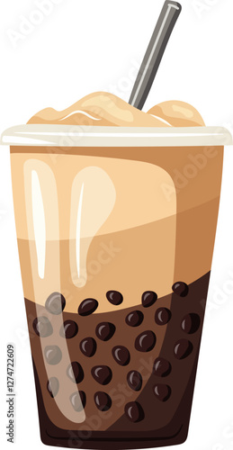 Coffee with milk and boba pearls in a takeaway cup. Vector clipart, illustration with isolated background.