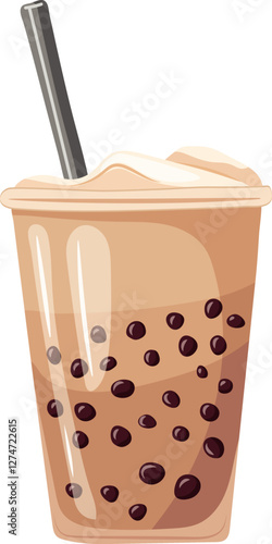 Coffee with milk and boba pearls in a takeaway cup. Vector clipart, illustration with isolated background.