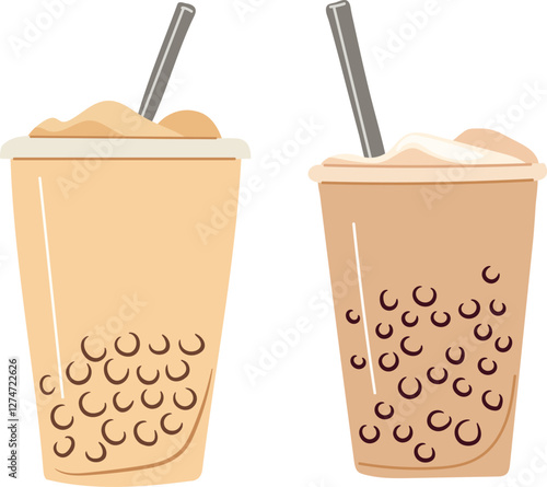 Coffee with milk and boba pearls in a takeaway cup. Vector clipart, illustration with isolated background.
