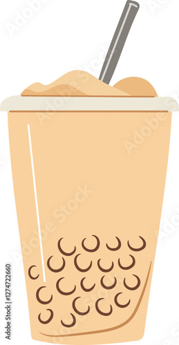 Coffee with milk and boba pearls in a takeaway cup. Vector clipart, illustration with isolated background.