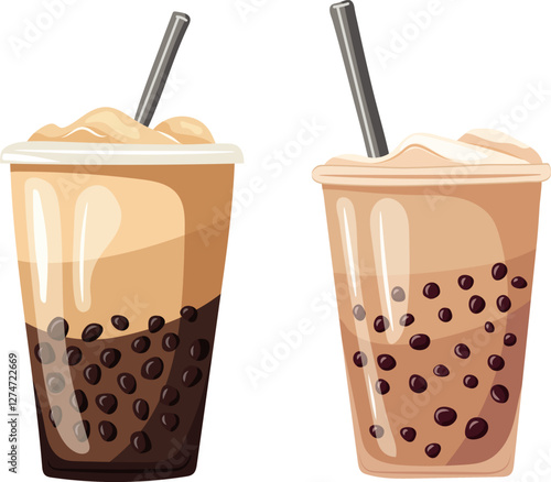Coffee with milk and boba pearls in a takeaway cup. Vector clipart, illustration with isolated background.