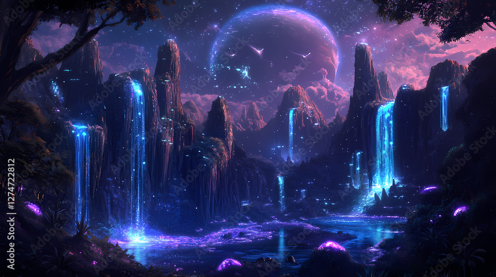 Obraz premium Enchanting exoplanet oasis iridescent waterfalls floating islands and bioluminescent wonders a highly detailed whimsical. Iridescent Alien Oasis. Illustration