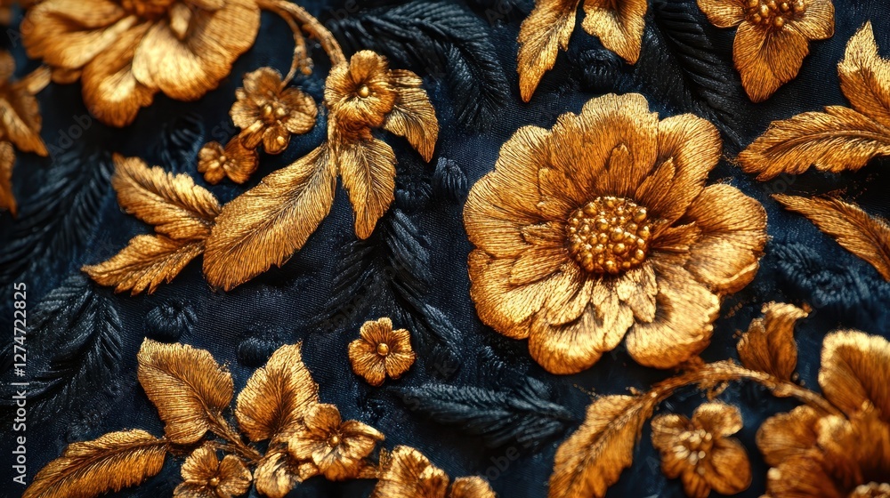 Fototapeta premium Golden embroidery on black fabric featuring floral patterns and leafy designs