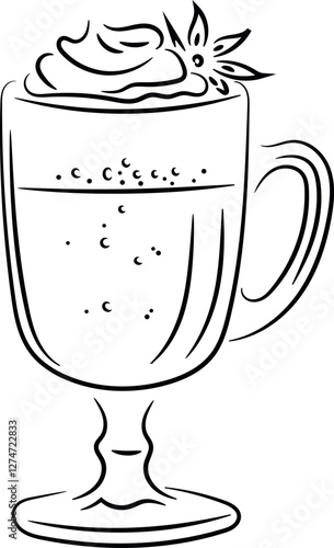 Hot chocolate with whipped cream, anise spices. Vector clipart, illustration with isolated background.