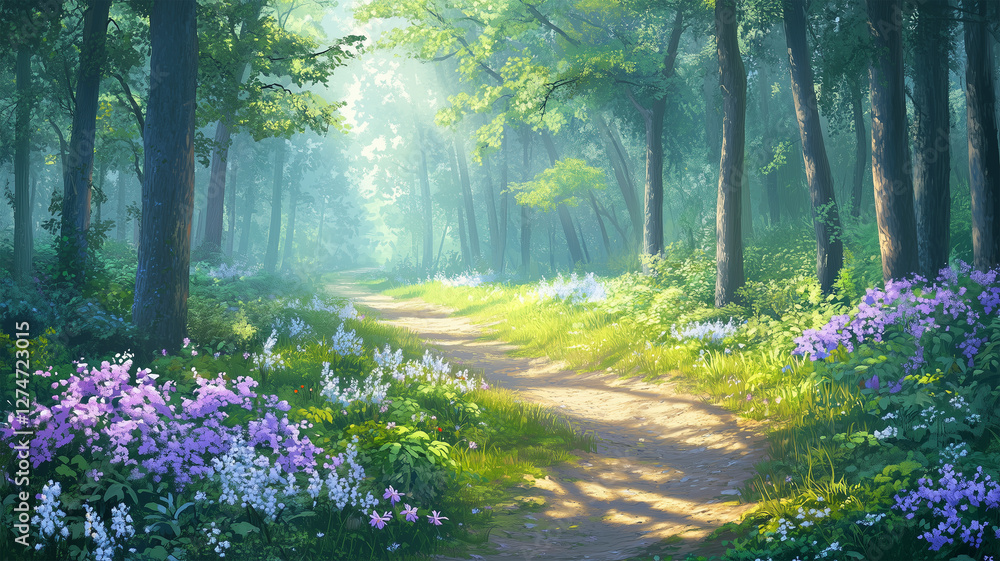Obraz premium 紫の野花が咲く森の小道