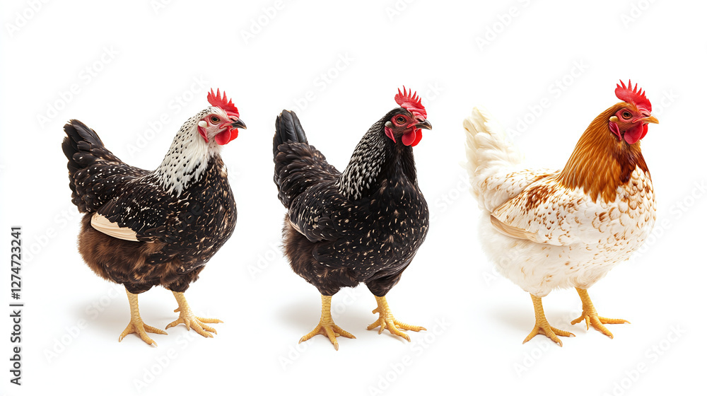 Fototapeta premium Collection three white, black and brown chicken, animal bundle isolated on a white background as white jpg.