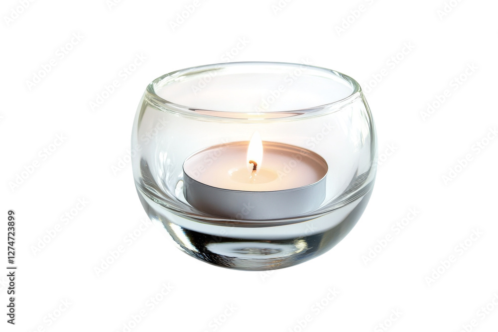 A serene moment captured with a flickering candle illuminating a glass holder isolated on transparent background A serene moment captured with a flickering candle illuminating a glass holder isolated on transparent background