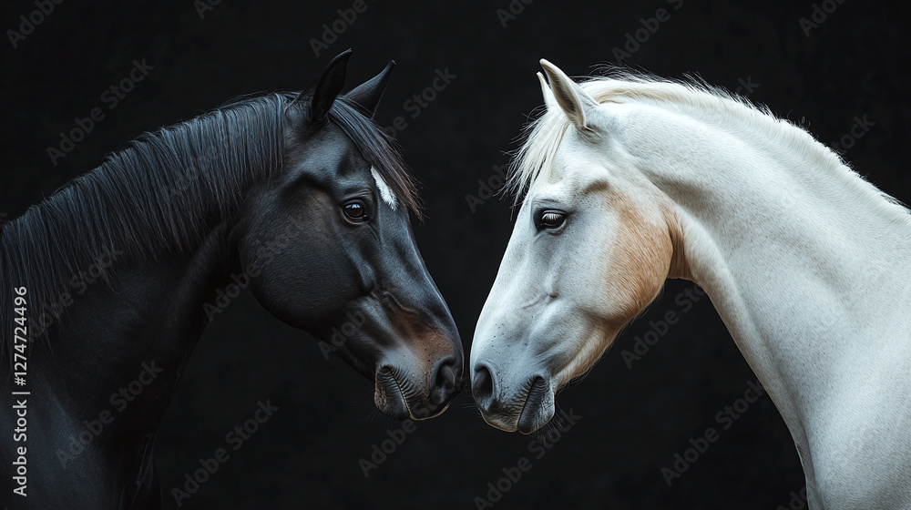 Obraz premium A black and a white horse looking face to face to each other.