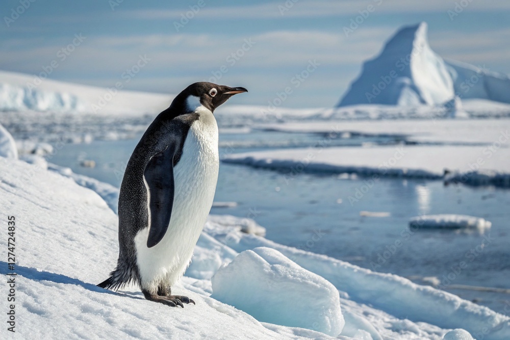 Naklejka premium Emperor penguin standing on icy Antarctic landscape