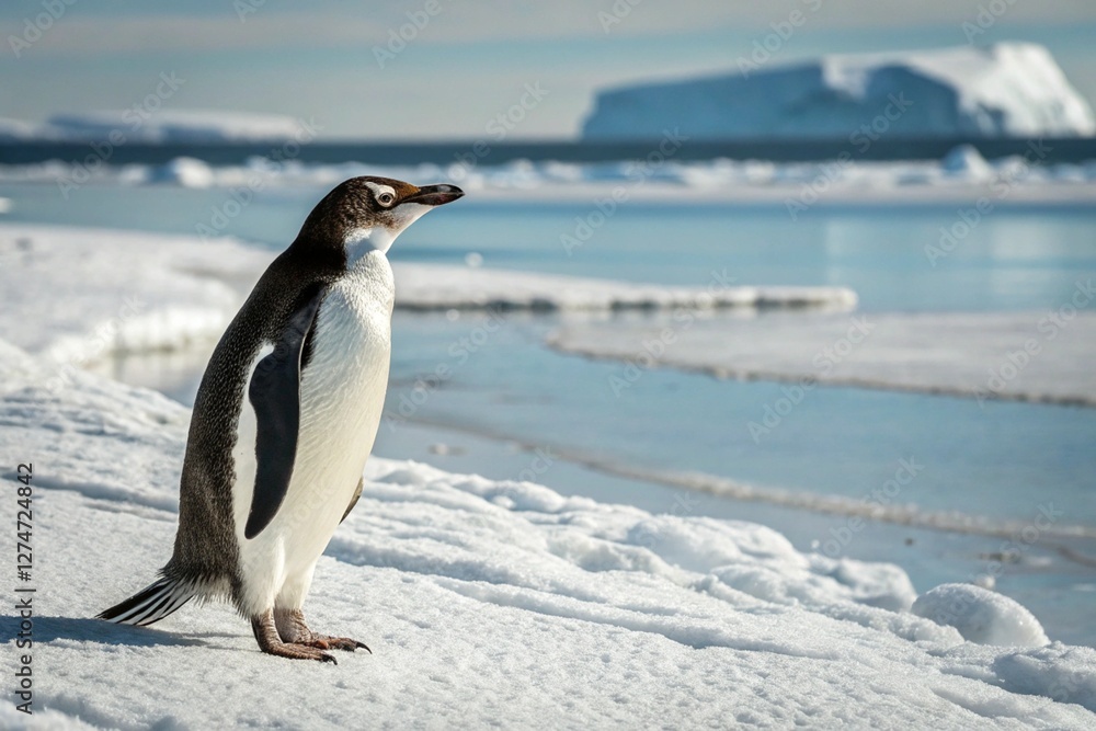 Fototapeta premium Emperor penguin standing on icy Antarctic landscape