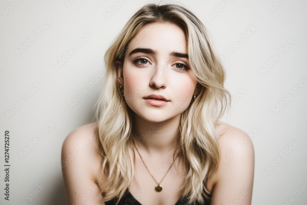 Fototapeta premium Young caucasian woman with blonde hair and soft expression against neutral background