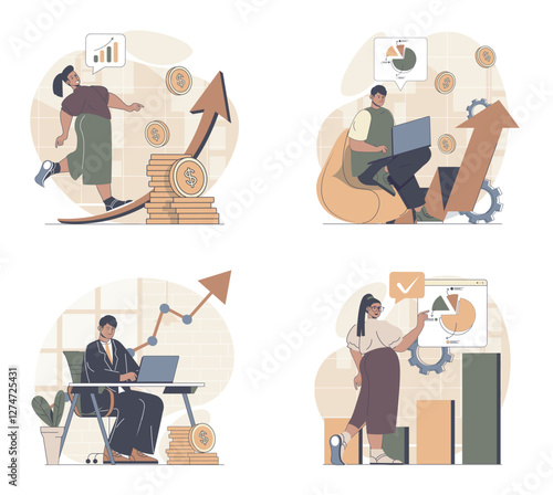 Business growth concept scenes set in flat web design. People in situations of developing project and getting arrow up graph, making data analysis with financial rise statistic. Vector illustrations.