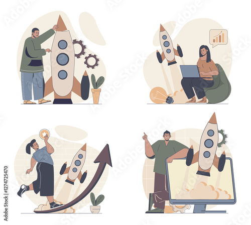 Business startup concept scenes set in flat web design. People in situations of launching new project, working at project, brainstorming, planning process, attracting investment. Vector illustrations.