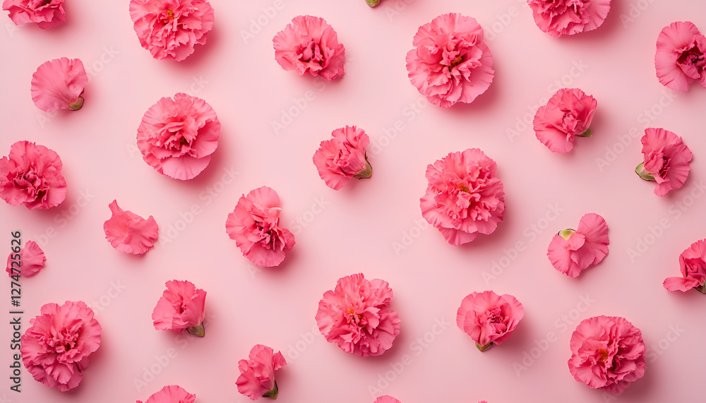 Fototapeta premium Pink carnation petals pattern, Flower flakes texture background top view. Rose petal wallpaper, spring blossom romantic mockup flat lay