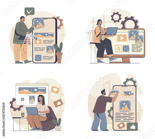 Content manager concept scenes set in flat web design. People in situations of creating photos, images, videos and text contents for webpage filling, planning online posting. Vector illustrations.