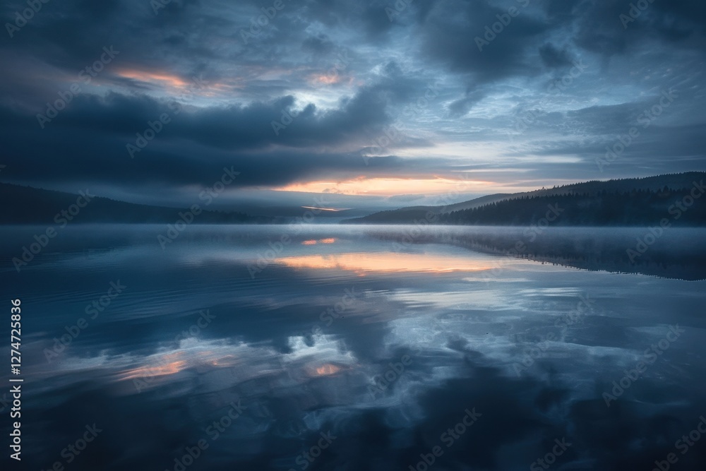 Obraz premium Early morning sunlight reflects off a serene lake surrounded by misty forests and majestic mountains in a tranquil natural setting