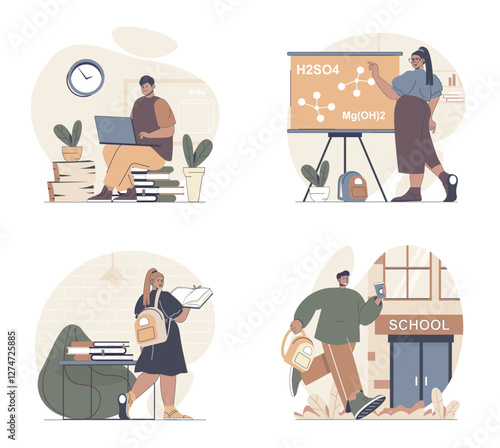 Education concept scenes set in flat web design. People in situations of studying at school lessons, reading textbooks, doing homework at laptop, teenages learning in class. Vector illustrations.