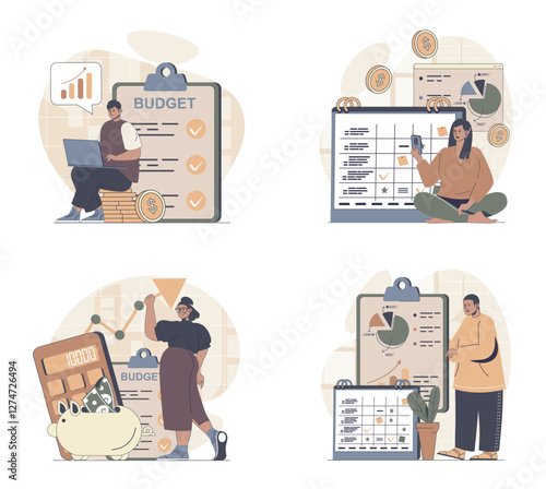 Planning financial budget concept scenes set in flat web design. People in situations of controlling personal finance and expense, making money analysis, creating cash strategy. Vector illustrations.