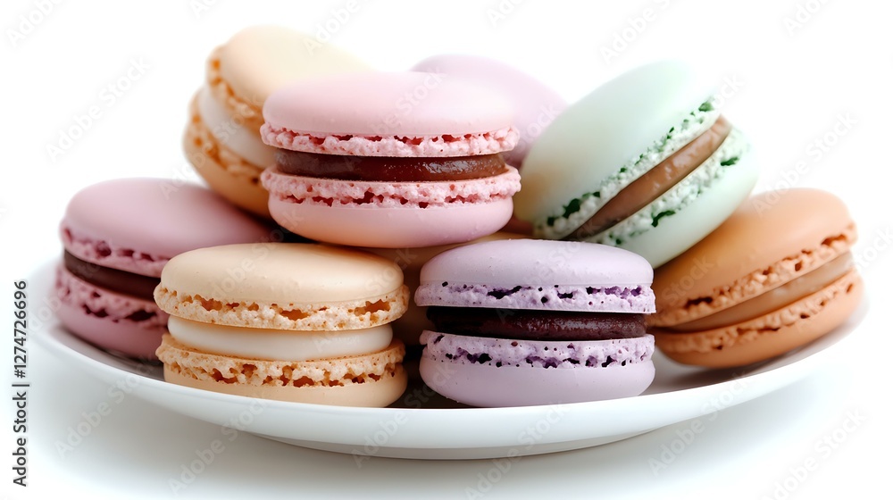 Obraz premium Colorful French macarons in pastel pink, mint, lavender, and peach arranged on white plate, sweet meringue sandwich cookies with cream filling.