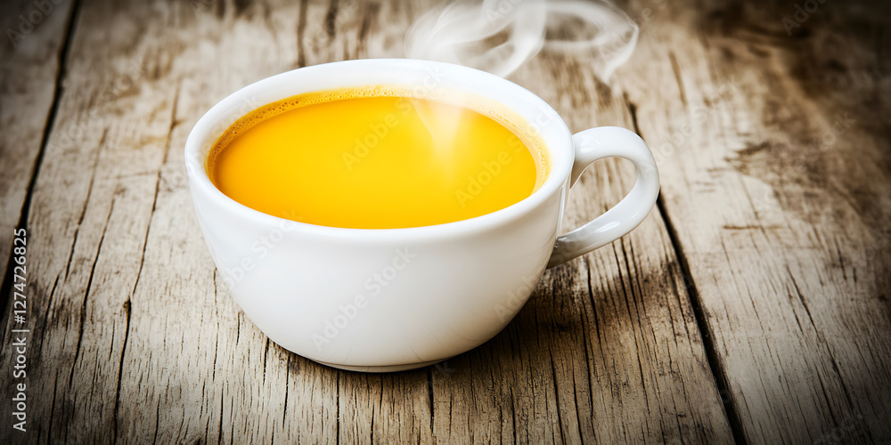 Steaming golden beverage in a white mug resting on a weathered wooden surface. Steaming golden beverage in a white mug resting on a weathered wooden surface.
