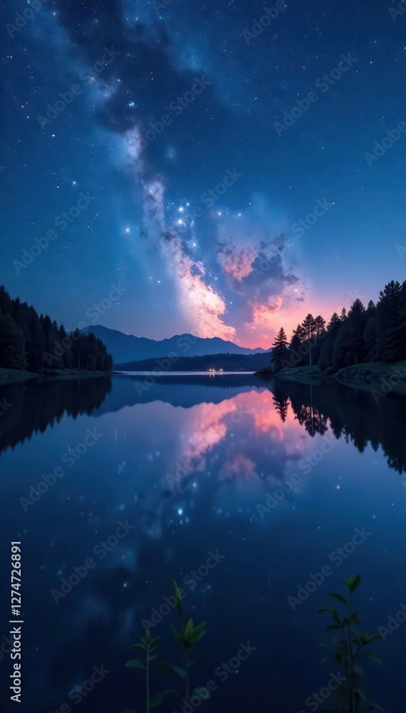 A tranquil lake scene at night with starry skies and soft glowing lights, water, reflections A tranquil lake scene at night with starry skies and soft glowing lights, water, reflections