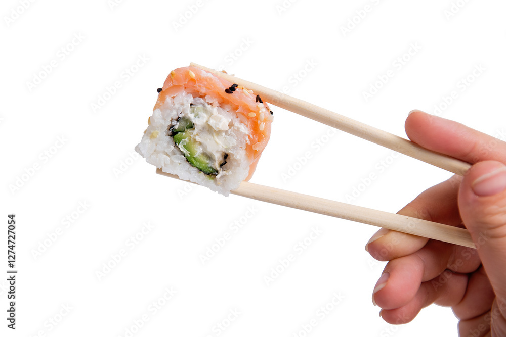 Hand Holding Sushi Philadelphia Roll with Chopsticks on White Background Hand Holding Sushi Philadelphia Roll with Chopsticks on White Background