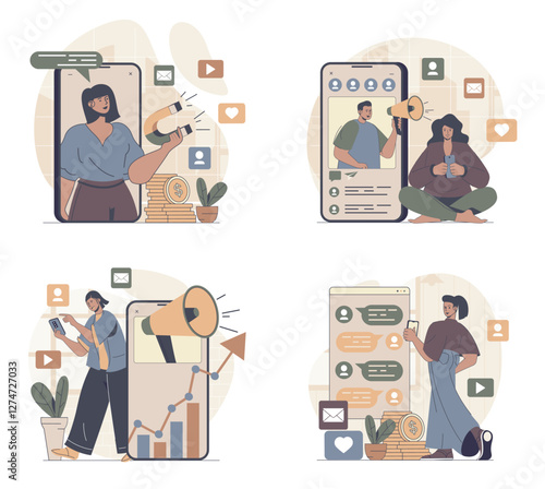 Social media marketing concept scenes set in flat web design. People in situations of making online advertising with influencers, attract targeting audience, sharing promo info. Vector illustrations.