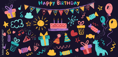 Happy Birthday Party crayon elements, kids chalk hand drawing big set for decoration. Party Related Icons Chalk Crayon Drawing for invitation decor on blackboard. Vector cartoon children illustration