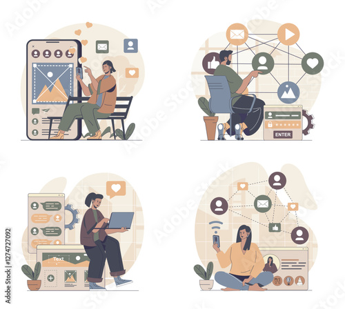 Social network concept scenes set in flat web design. People in situations of online connect with internet friends, taking selfies, posting online, collect likes, sharing links. Vector illustrations.